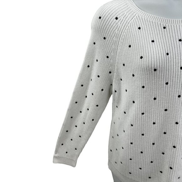 Talbots XL Womens 100% Pima Cotton White Black Polka Dot Ribbed PullOver Sweater - Picture 5 of 15